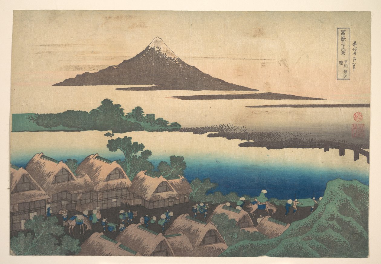 Gryning vid Isawa i provinsen Kai (Kōshū Isawa no akatsuki), ur serien ”De trettiosex vyerna av berget Fuji” (Fugaku sanjūrokkei) av Katsushika Hokusai
