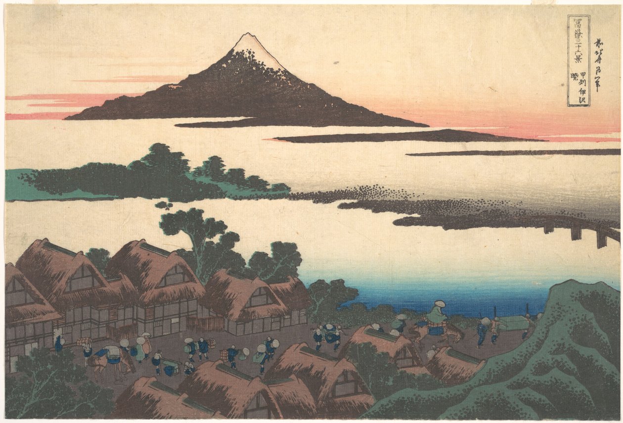 Gryning vid Isawa i provinsen Kai (Kōshū Isawa no akatsuki), ur serien ”De trettiosex vyerna av berget Fuji” (Fugaku sanjūrokkei) av Katsushika Hokusai