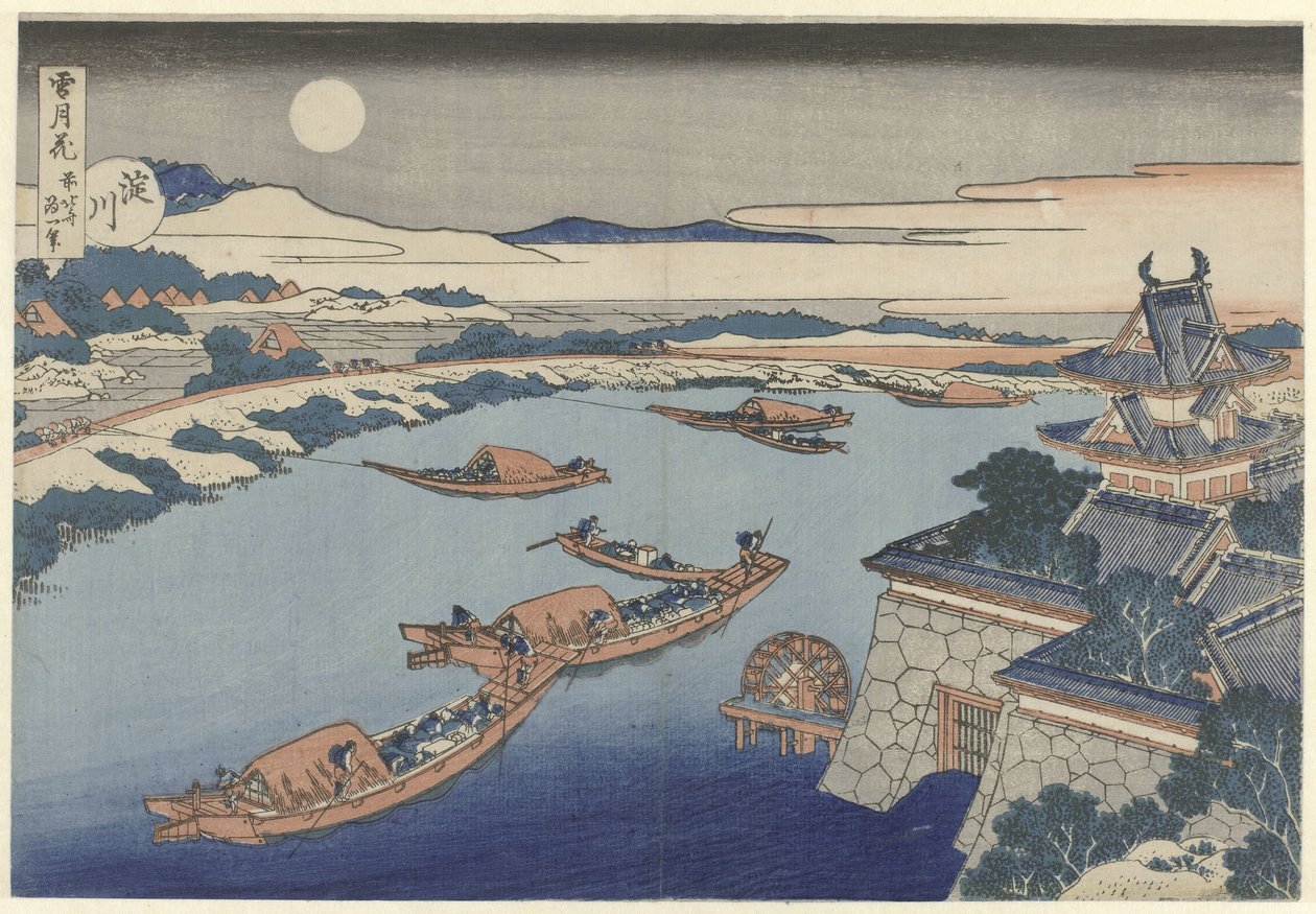 Yodofloden i månsken Yodogawa (titel på objekt) Snow, Moon and Flowers (serietitel) Setsugekka (serietitel på objekt) av Katsushika Hokusai