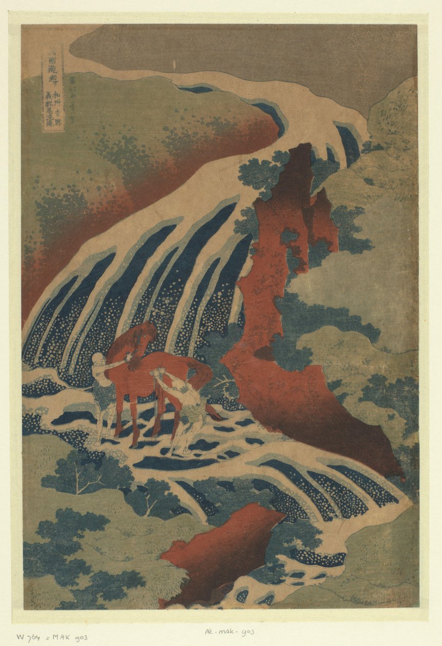 Vattenfallet där Yoshitsune tvättade sin häst vid Yoshino i Yamato provinsen Washu Yoshino Yoshitsune uma taki (titel på objekt) En rundtur i vattenfallen i provinserna (serietitel) Soshu Oyama Roben no taki (serietitel på objekt) av Katsushika Hokusai