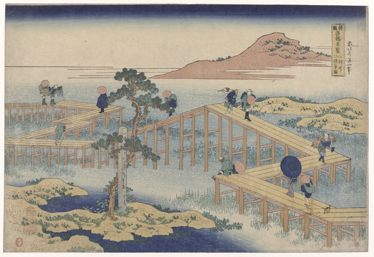 Sicksackbron i Mikawa-provinsen Mikawa no yatsuhashi no kozu (titel på objekt) Utsikt över berömda broar i provinserna (serietitel) Shokoku meikyo kiran (titel på objekt) av Katsushika Hokusai