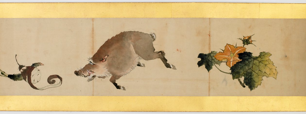 Detalj av Handscroll med diverse bilder, Edo Period, 1839 bläck och färg på papper av Katsushika Hokusai