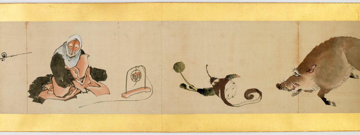 Detalj av Handscroll med diverse bilder, Edo Period, 1839 bläck och färg på papper av Katsushika Hokusai