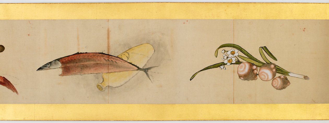 Detalj av Handscroll med diverse bilder, Edo Period, 1839 bläck och färg på papper av Katsushika Hokusai