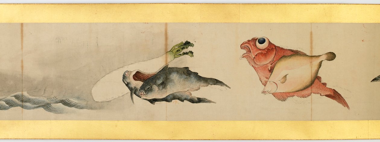 Detalj av Handscroll med diverse bilder, Edo Period, 1839 bläck och färg på papper av Katsushika Hokusai