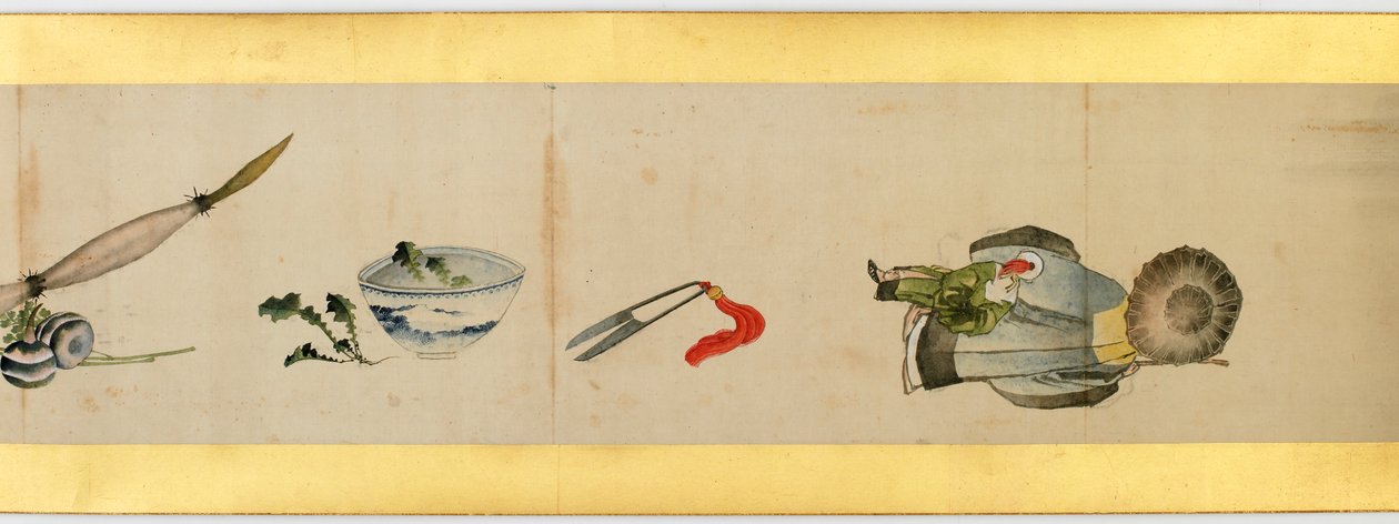 Detalj av Handscroll med diverse bilder, Edo Period, 1839 bläck och färg på papper av Katsushika Hokusai