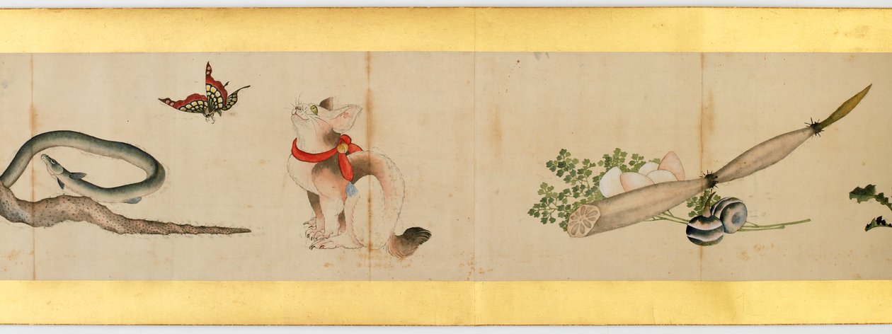 Detalj av Handscroll med diverse bilder, Edo Period, 1839 bläck och färg på papper av Katsushika Hokusai