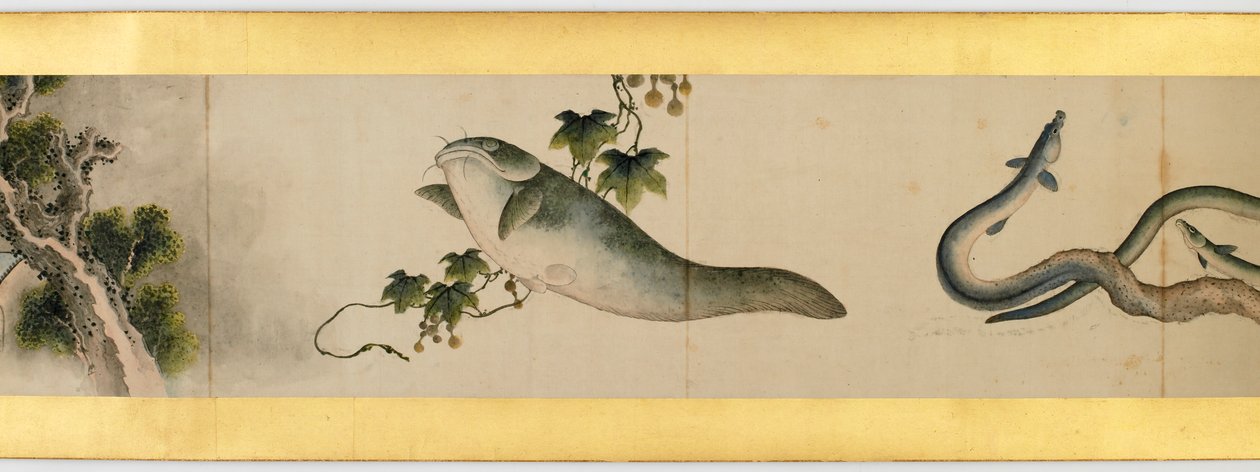 Detalj av Handscroll med diverse bilder, Edo Period, 1839 bläck och färg på papper av Katsushika Hokusai