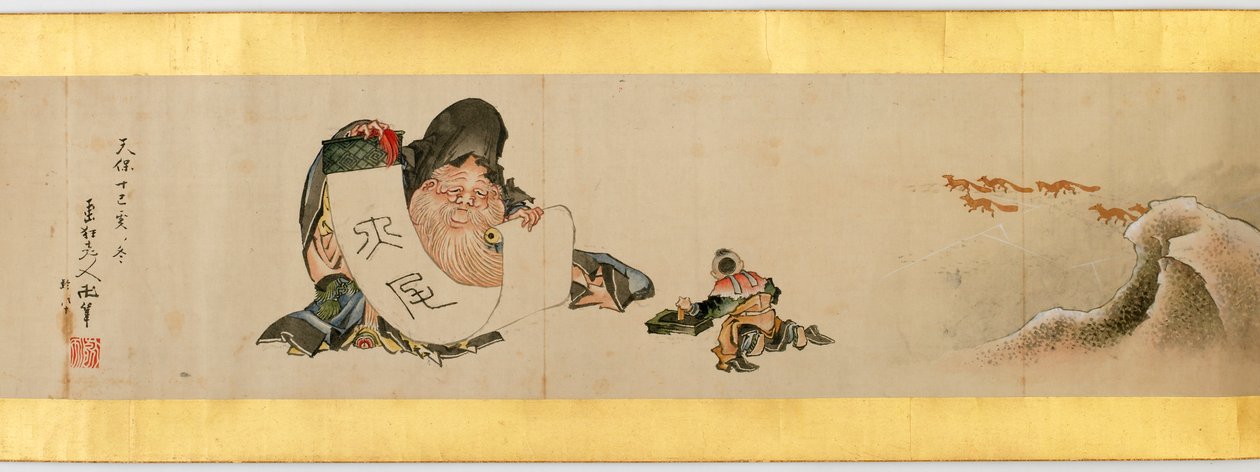 Detalj av Handscroll med diverse bilder, Edo Period, 1839 bläck och färg på papper av Katsushika Hokusai