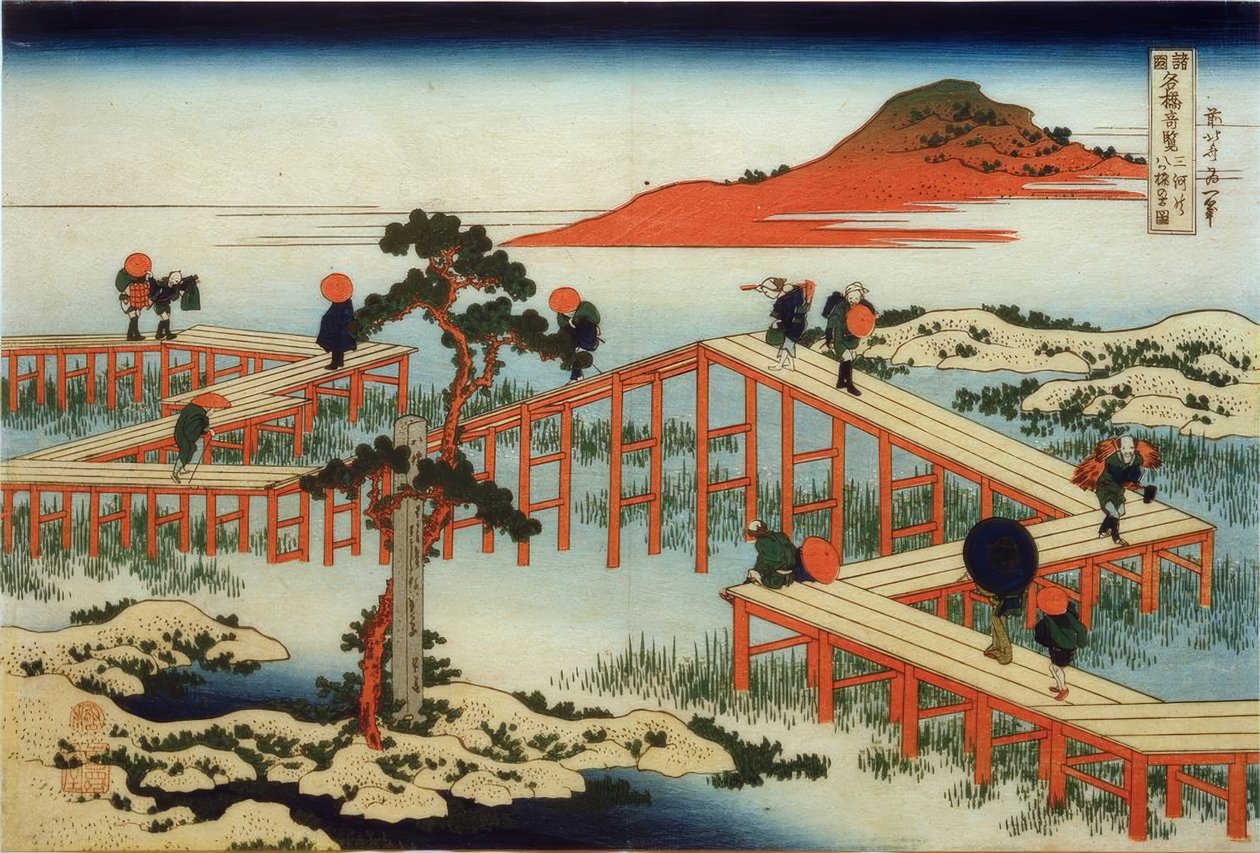 Den gamla utsikten över Yatsuhashi-bron i Mikawa-provinsen av Katsushika Hokusai