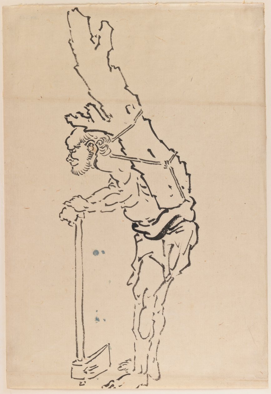 Teckning av en man som vilar på en yxa och bär en del av en trädstam på ryggen (bläck på papper) av Katsushika Hokusai