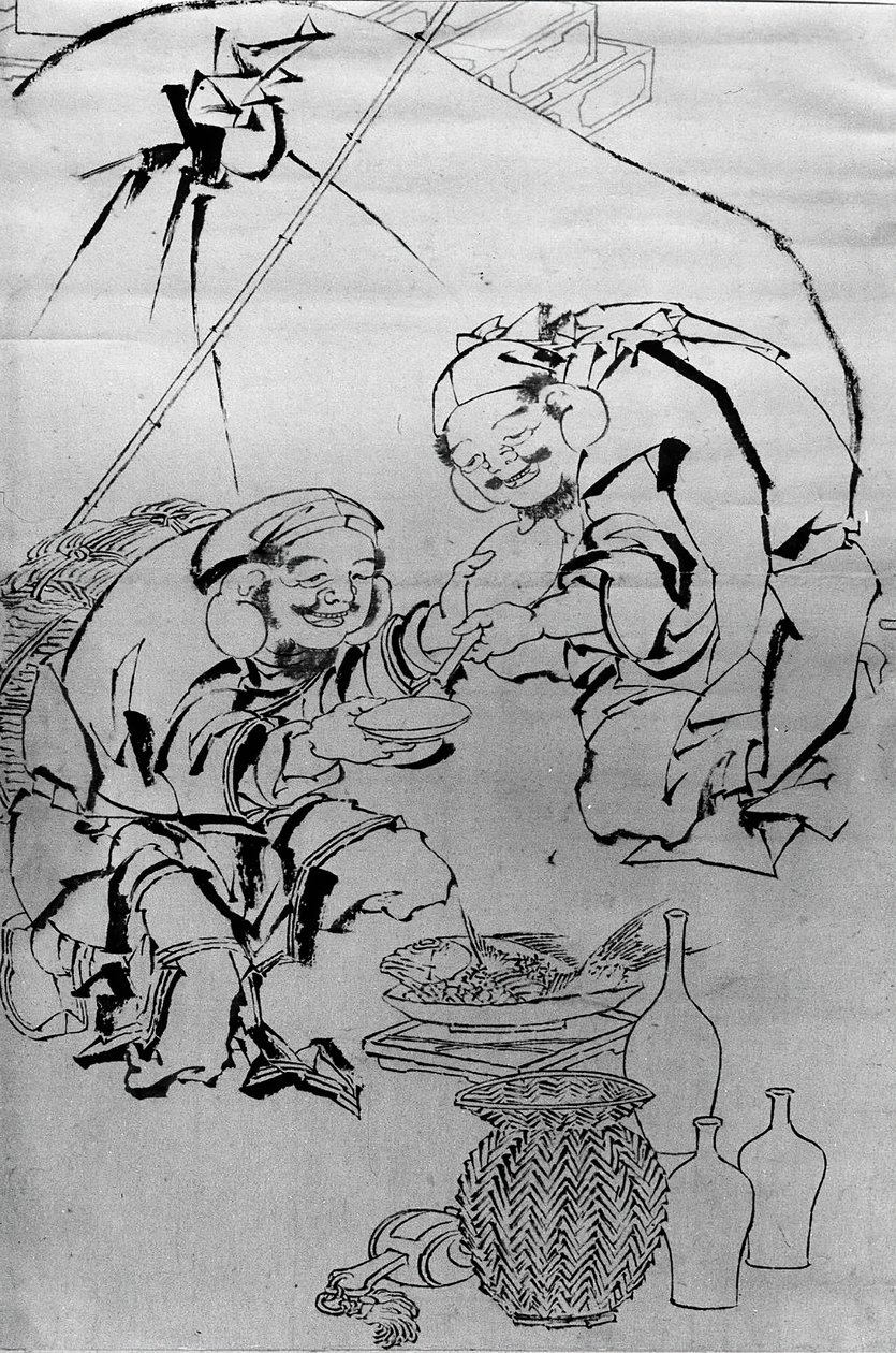 Ebisu och Daikoku firar nyårsfestivalen, 1700-1800-talet. av Katsushika Hokusai