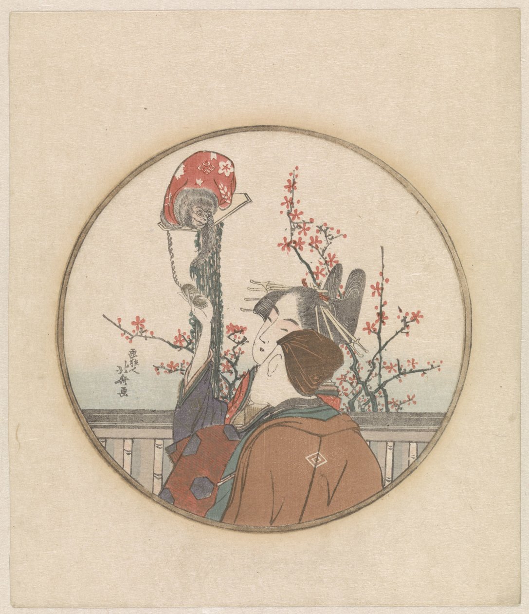 Par med apan och blomma gren av Katsushika Hokusai
