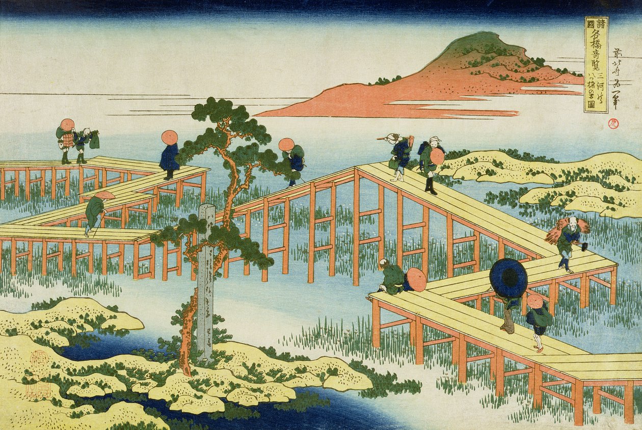 Åttadelad bro, provinsen Mucawa, Japan, ca 1830 (träblockstryck) av Katsushika Hokusai