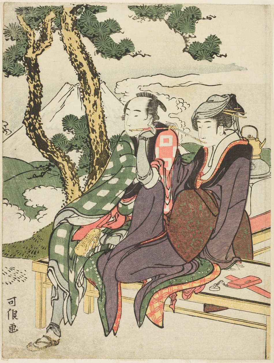 Evening Glow for Date no Yosaku och Seki no Koman, från den namnlösa serien känd som "Eight Views of Tragic Lovers (Michiyuki hakkei)" av Katsushika Hokusai