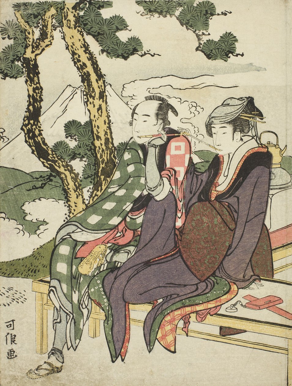 Evening Glow for Date no Yosaku och Seki no Koman, från den namnlösa serien känd som Eight Views of Tragic Lovers av Katsushika Hokusai