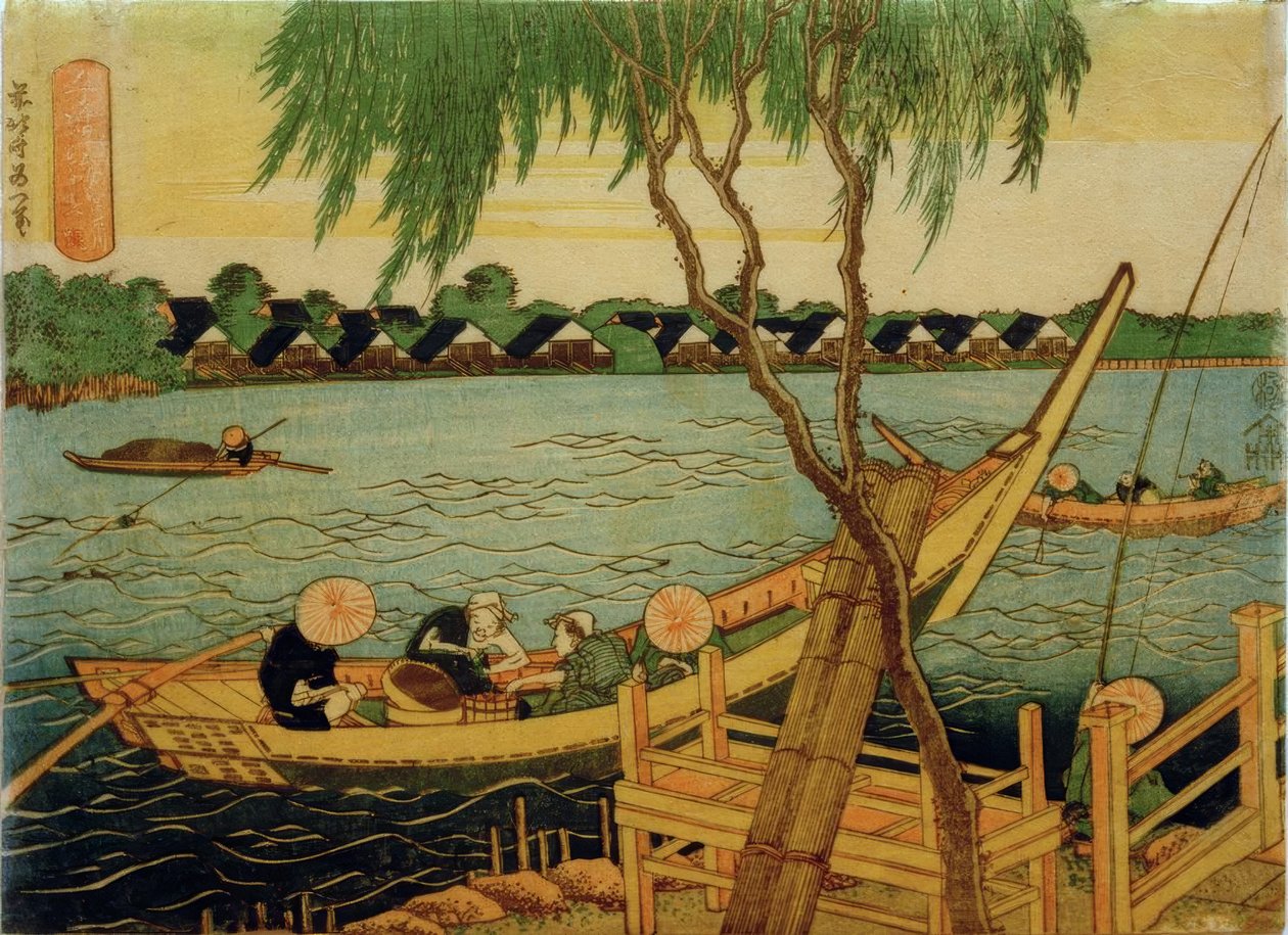 Fiske med långrev i Miyatofloden av Katsushika Hokusai