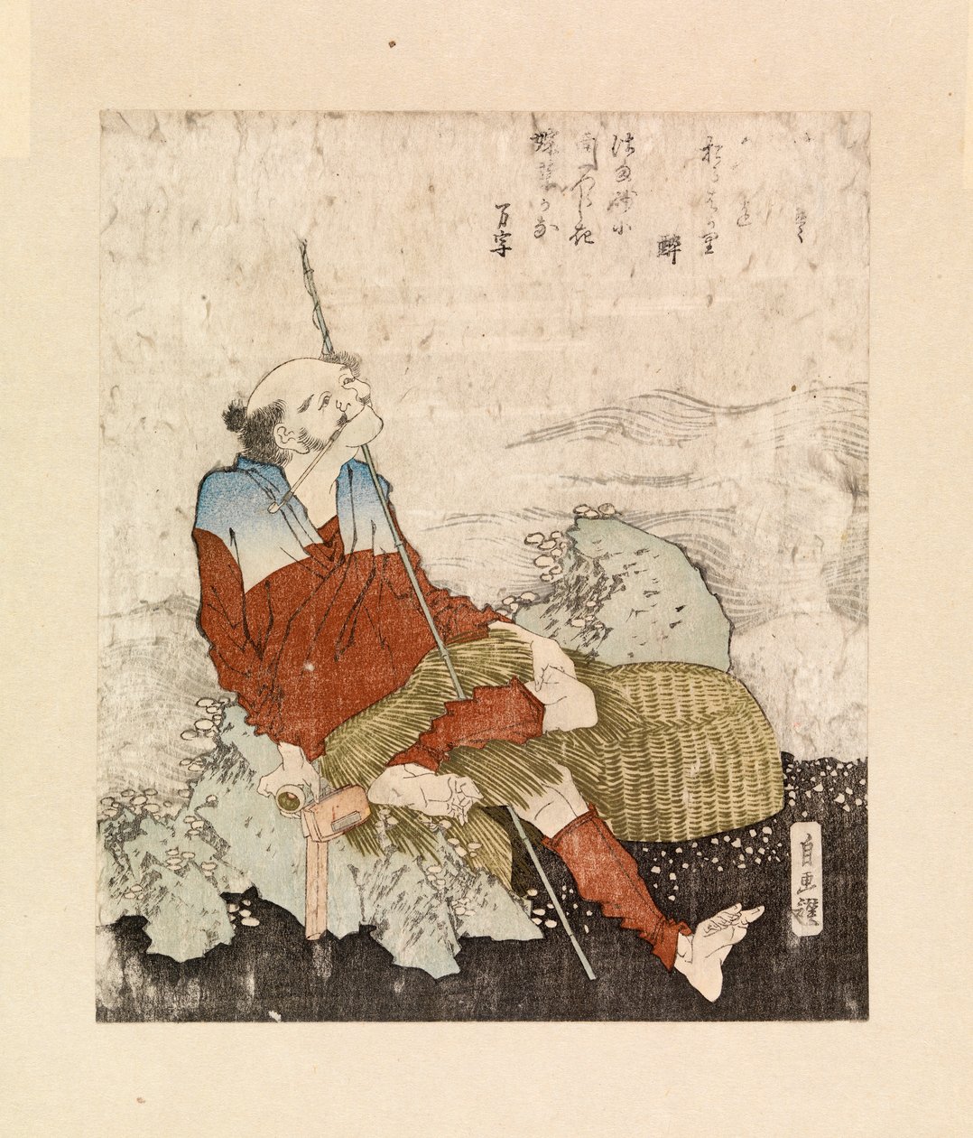 Fiskare som röker vid en bäck, ca 1835 (träsnitt i färg) av Katsushika Hokusai