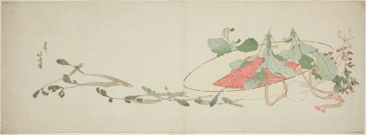 Blommor och vårgrönsaker i en hatt av Katsushika Hokusai