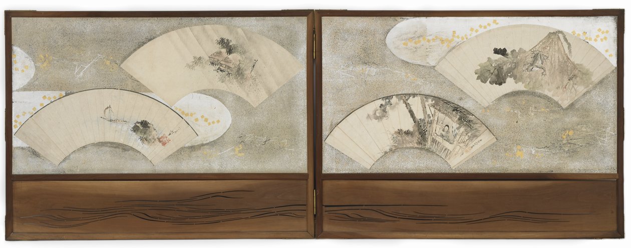 Fyra fanmålningar: "Groda på lotusblad", "Lärling i ett hus", "Landskap" och "Båt och klippa", Edo-perioden (bläck och färg på papper) av Katsushika Hokusai
