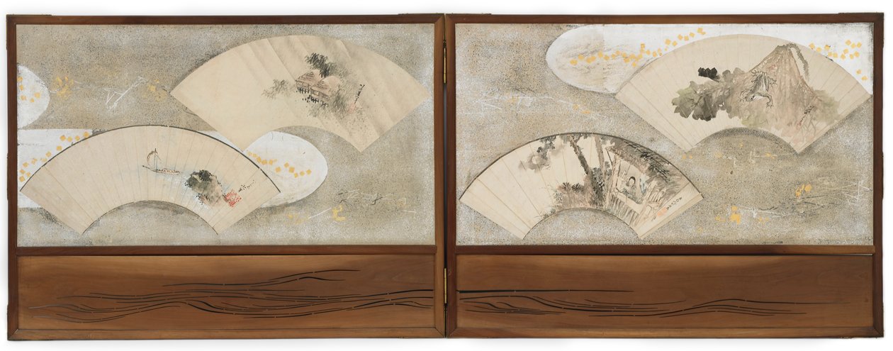 Fyra fläktmålningar monterade på en skärm... av Katsushika Hokusai