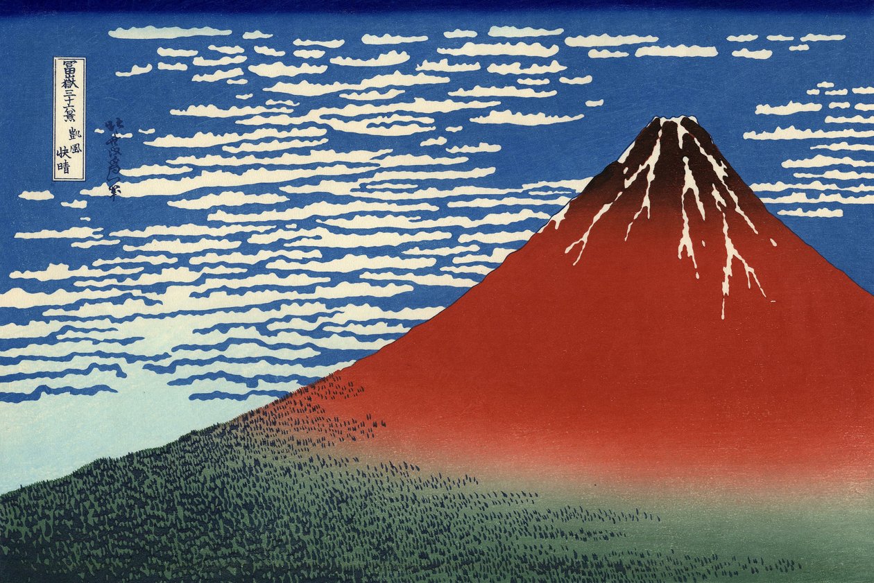 Fuji, berg i klart väder, från "36 vyer över berget Fuji", pub. 1831 av Katsushika Hokusai