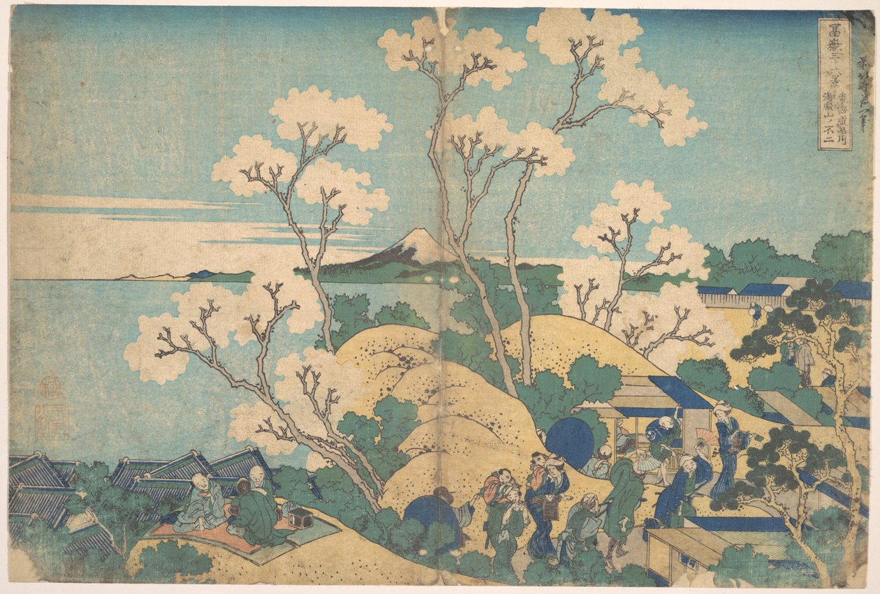 Fuji sedd från Gotenyama i Shinagawa längs Tōkaidō (Tōkaidō Shinagawa Gotenyama no Fuji), ur serien ”De trettiosex vyerna av berget Fuji” (Fugaku sanjūrokkei) av Katsushika Hokusai