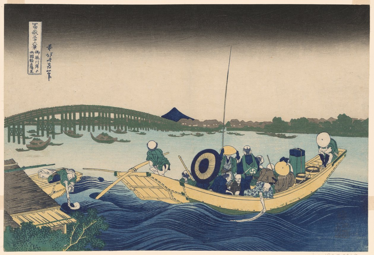 Fuji från Ommayagashi med Twilight over Ryogoku Bridge (Ommayagashi yori ryogokubashi sekiyo o miru), från serien "Thirty-six Views of Mount Fuji (Fugaku sanjurokkei)" av Katsushika Hokusai