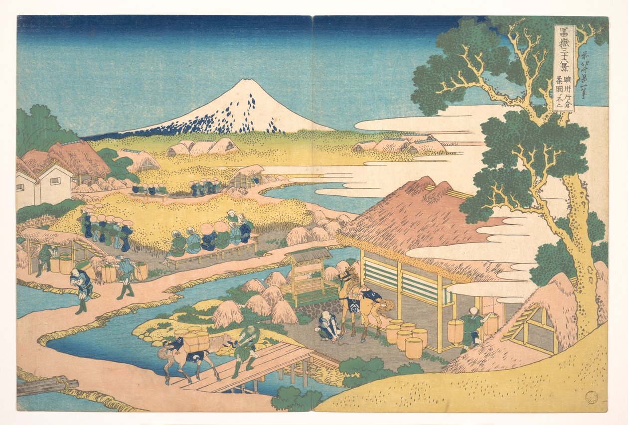 Fuji från Katakura-tefälten i Suruga (Sunshū Katakura chaen no Fuji), ur serien ”De trettiosex vyerna av berget Fuji” (Fugaku sanjūrokkei) av Katsushika Hokusai