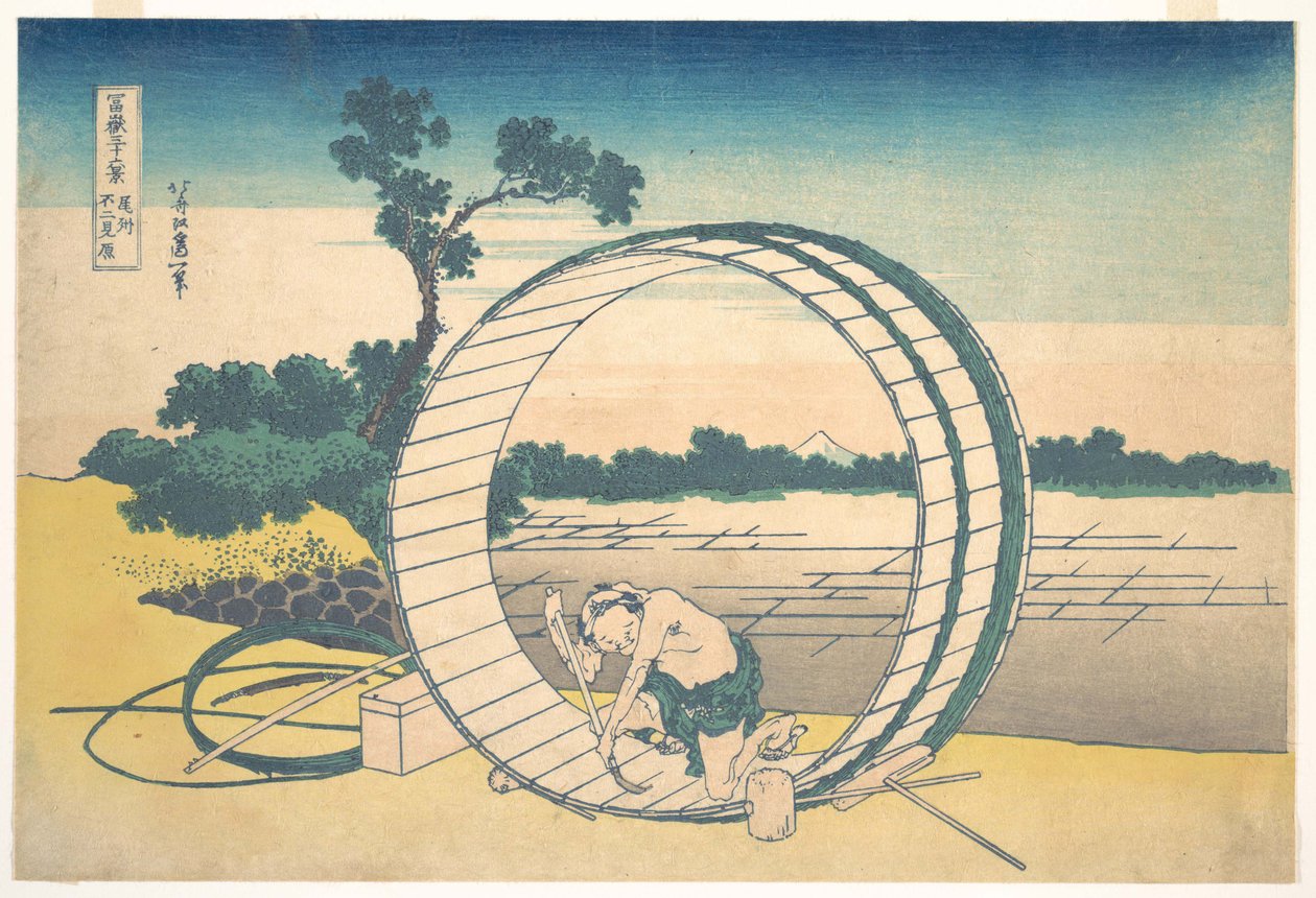 Fujimigahara i provinsen Owari (Bishū Fujimigahara), ur serien ”De trettiosex vyerna av berget Fuji” (Fugaku sanjūrokkei) av Katsushika Hokusai