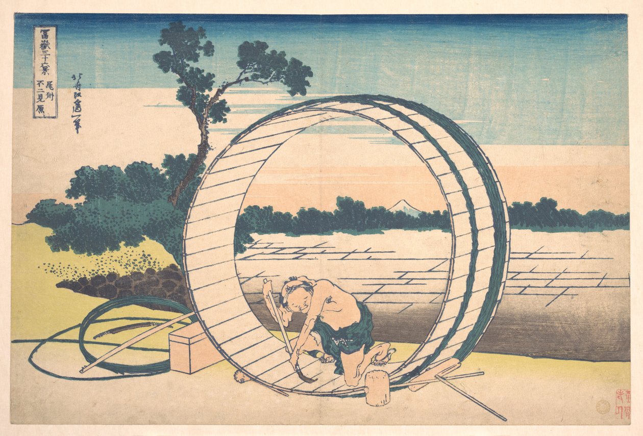 Fujimigahara i provinsen Owari (Bishū Fujimigahara), ur serien ”De trettiosex vyerna av berget Fuji” (Fugaku sanjūrokkei) av Katsushika Hokusai