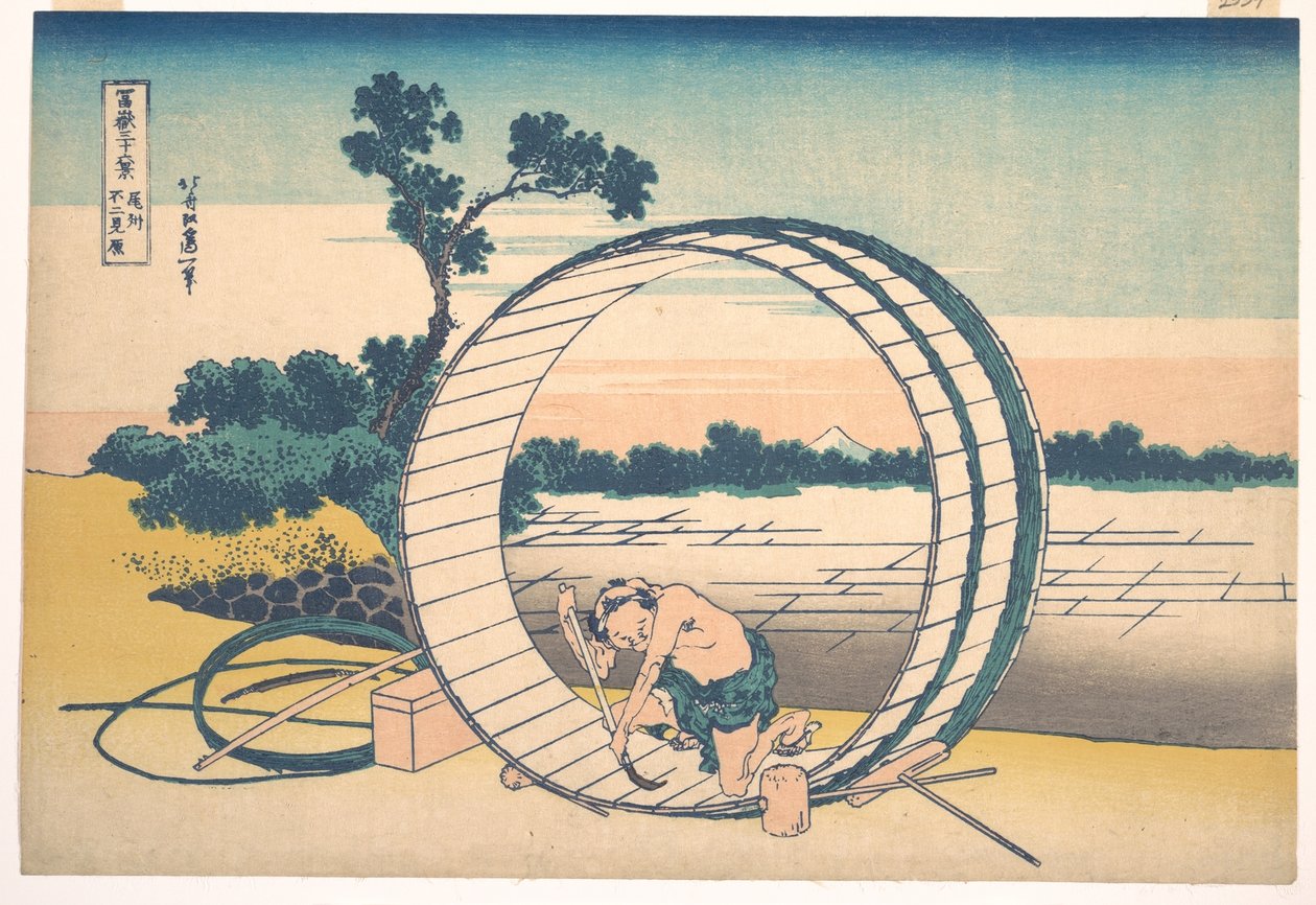 Fujimigahara i provinsen Owari (Bishū Fujimigahara), ur serien ”De trettiosex vyerna av berget Fuji” (Fugaku sanjūrokkei) av Katsushika Hokusai