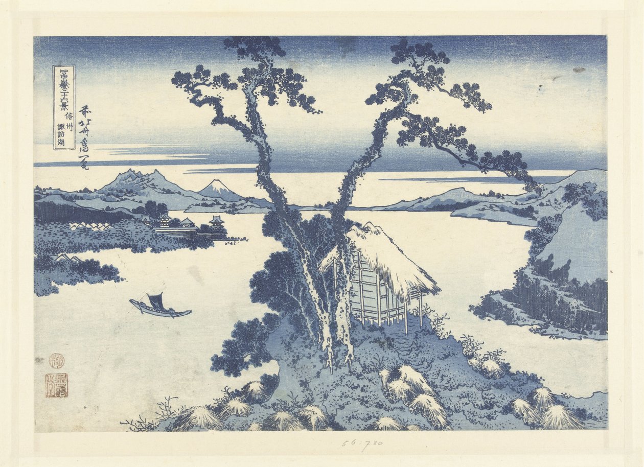 Lake Suwa i Shinano provinsen Shinshu Suwako (titel på objekt) 36 vyer av berget Fuji (serietitel) Fugaku sanjurokkei (serietitel på objekt) av Katsushika Hokusai