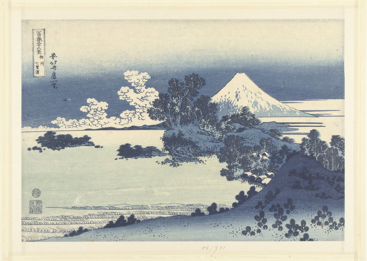Stranden i Shichiri-ga-hama i provinsen Sagami Soshu Shichiri-ga-hama (titel på objekt) 36 vyer av berget Fuji (serietitel) Fugaku sanjurokkei (serietitel på objekt) av Katsushika Hokusai