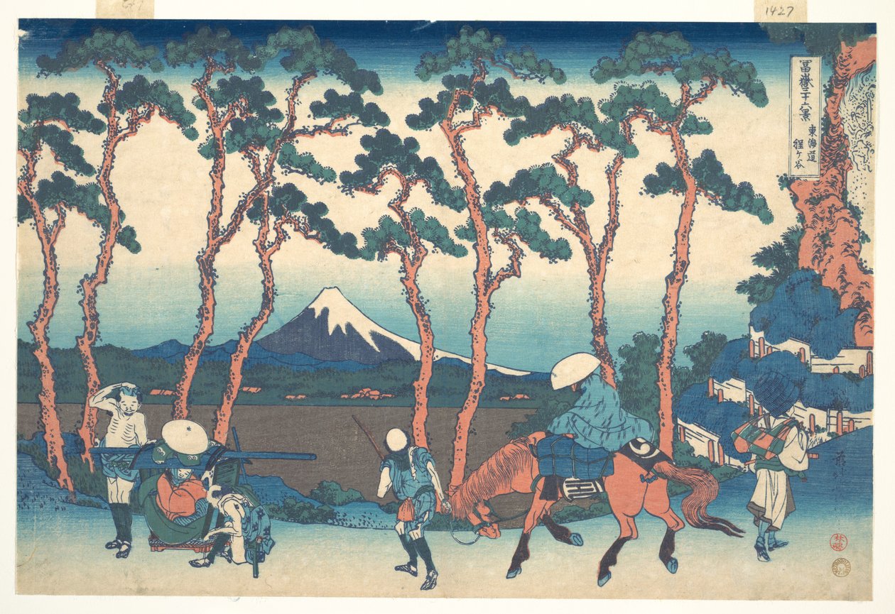 Hodogaya längs Tōkaidō (Tōkaidō Hodogaya), ur serien ”De trettiosex vyerna av berget Fuji” (Fugaku sanjūrokkei) av Katsushika Hokusai