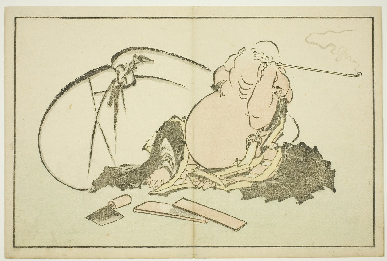 Hotei röker sin pipa, ur The Picture Book of Realistic Paintings of Hokusai (Hokusai shashin gafu), ca 1814 (färgtryck i trä (albumblad)) av Katsushika Hokusai