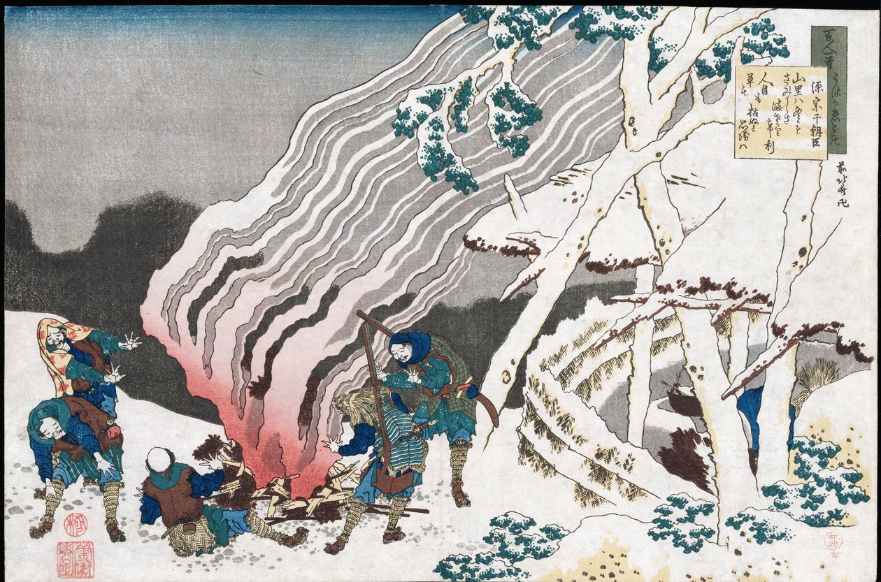 Jägare vid en eld i snön", från serien "Hundra dikter som berättas av sjuksköterskan", publicerad ca 1835 av Katsushika Hokusai