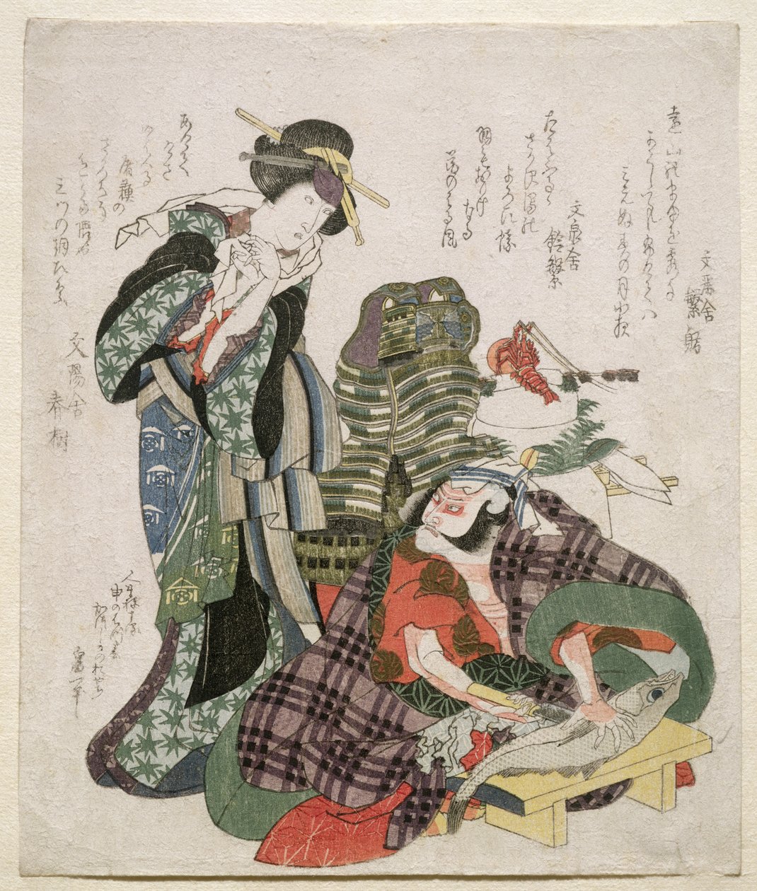Ichikawa Danjuro och Ichikawa Monnosuke som Jagekiyo och Iwai Kumesaburo, 1824 (träsnitt) av Katsushika Hokusai