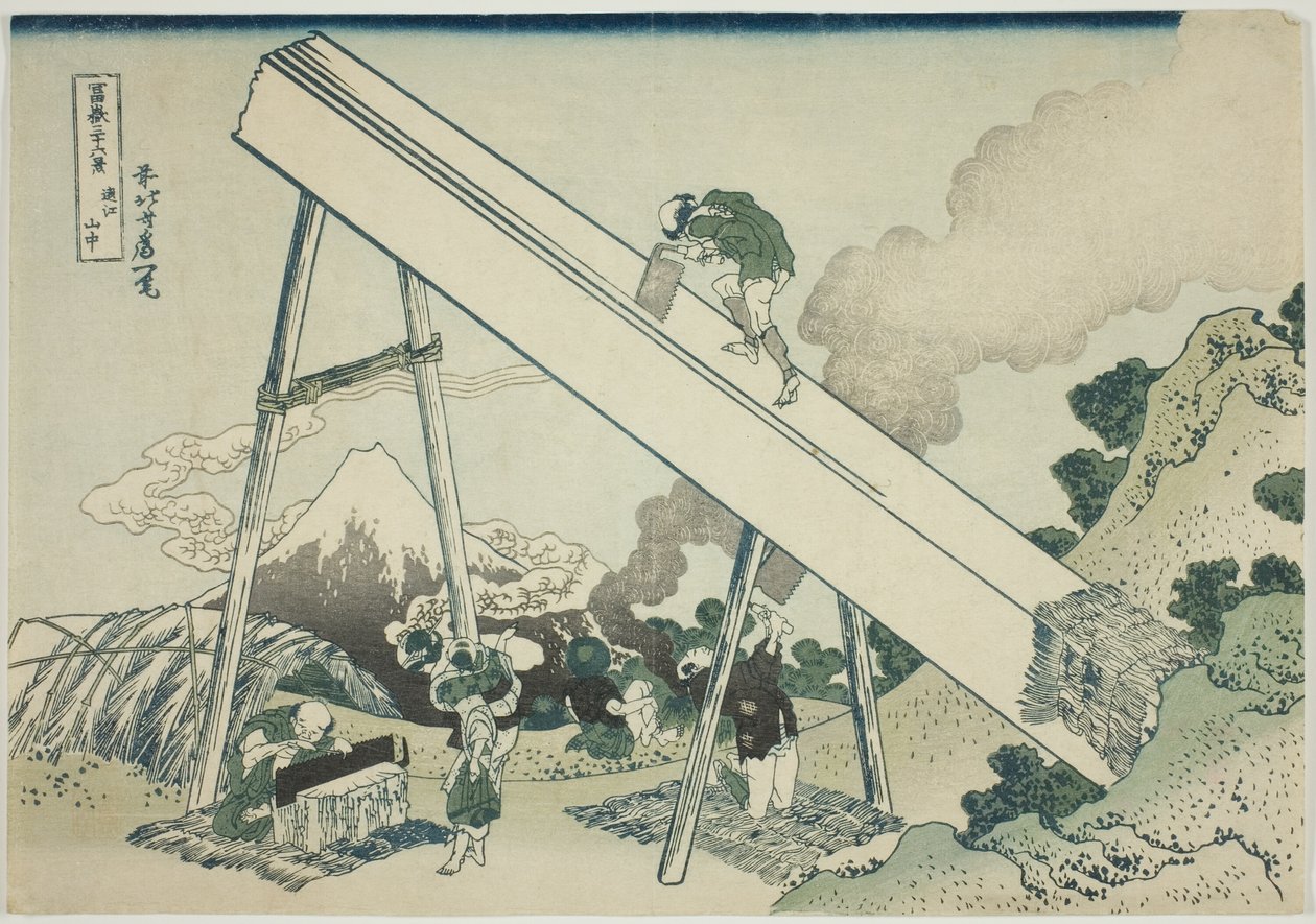 In the Mountains of Totomi (Totomi sanchu), från serien "Trettiosex utsikter över berget Fuji (Fugaku sanjurokkei)" av Katsushika Hokusai