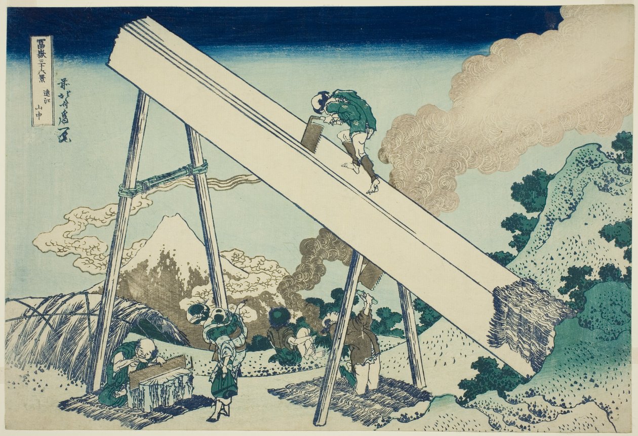 I bergen i Totomiprovinsen (Totomi sanchu), från serien "Trettiosex utsikter över berget Fuji (Fugaku sanjurokkei)" av Katsushika Hokusai