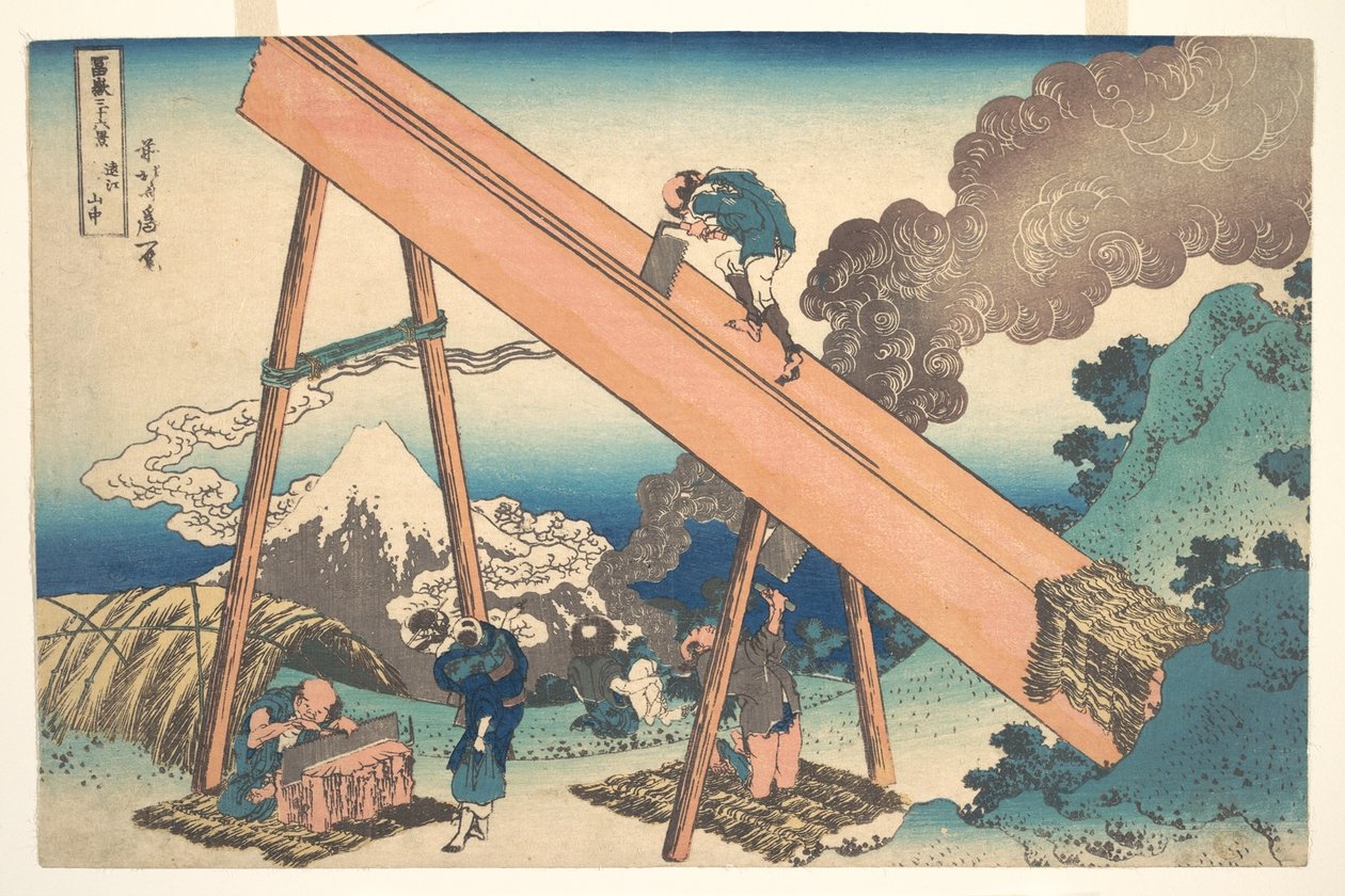 I bergen i provinsen Tōtomi (Tōtomi sanchū), ur serien ”De trettiosex vyerna av berget Fuji” (Fugaku sanjūrokkei) av Katsushika Hokusai