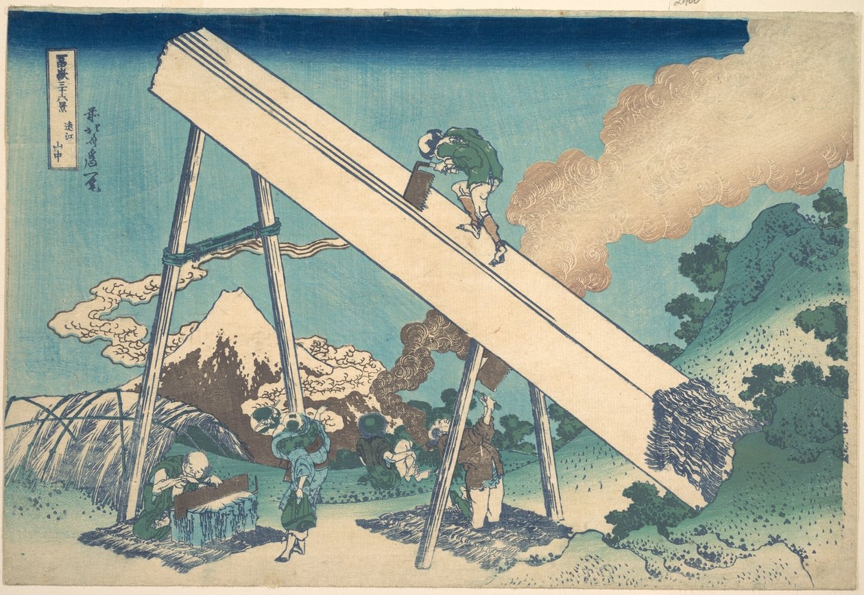 I bergen i provinsen Tōtomi (Tōtomi sanchū), ur serien ”De trettiosex vyerna av berget Fuji” (Fugaku sanjūrokkei) av Katsushika Hokusai