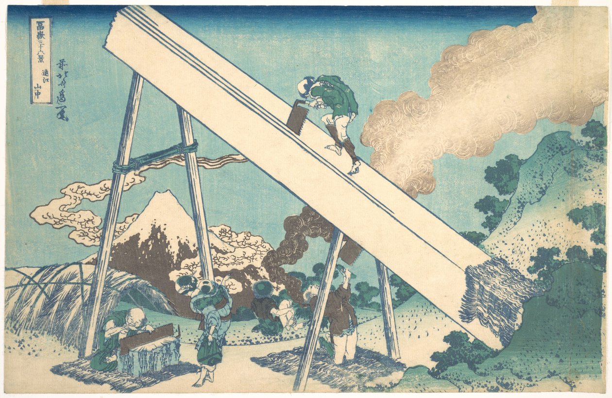 I bergen i provinsen Tōtomi (Tōtomi sanchū), ur serien ”De trettiosex vyerna av berget Fuji” (Fugaku sanjūrokkei) av Katsushika Hokusai