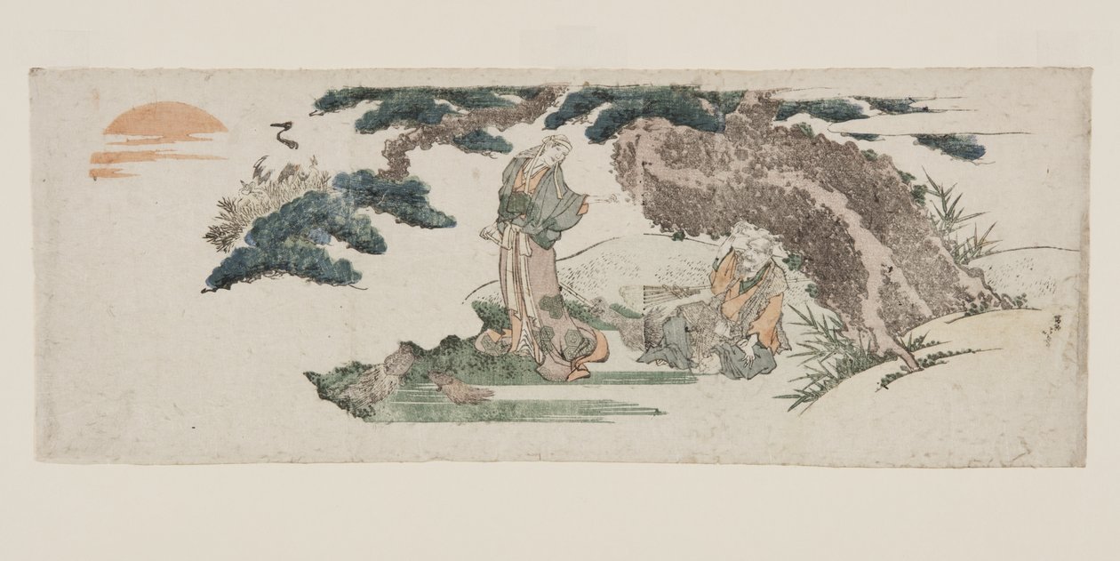 J? och Uba, det antika paret Takasago (träblock i färg) av Katsushika Hokusai