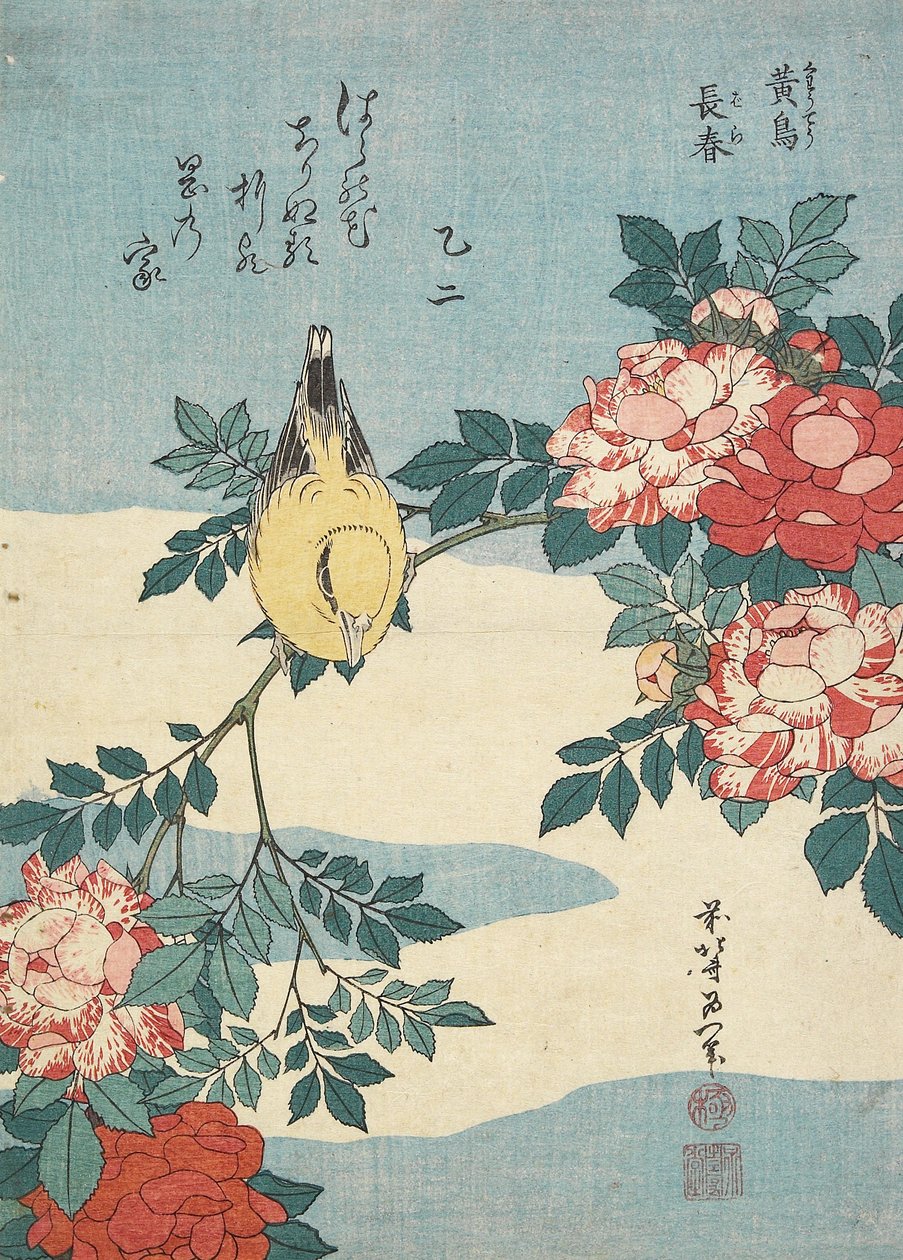 Japansk näktergal och rosor, ca. 1832 av Katsushika Hokusai