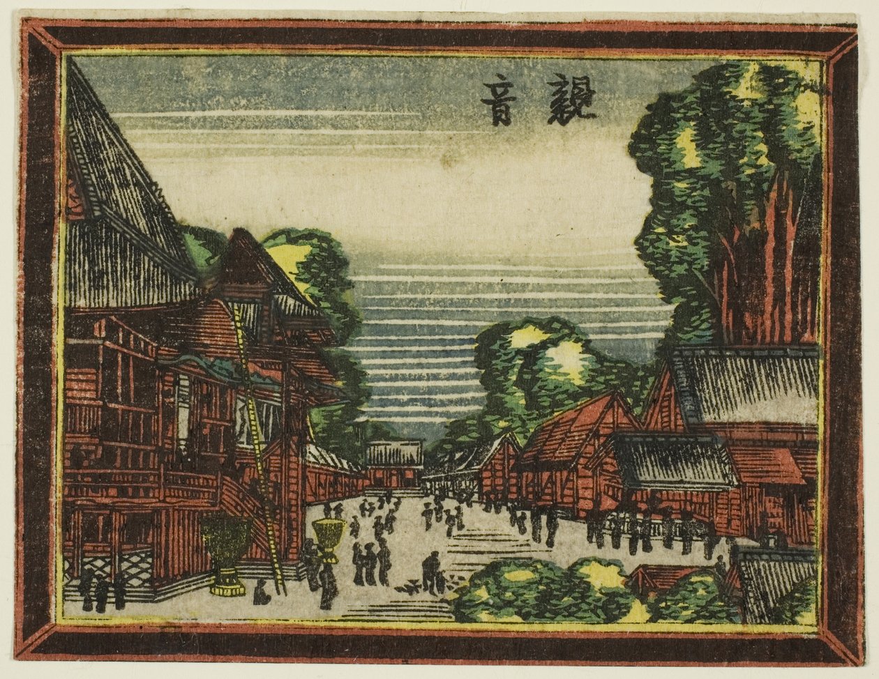Kannon Temple (Kannon), från serien Dutch-style Pictures: Eight Views of Edo (Oranda gakyo Edo hakkei) av Katsushika Hokusai