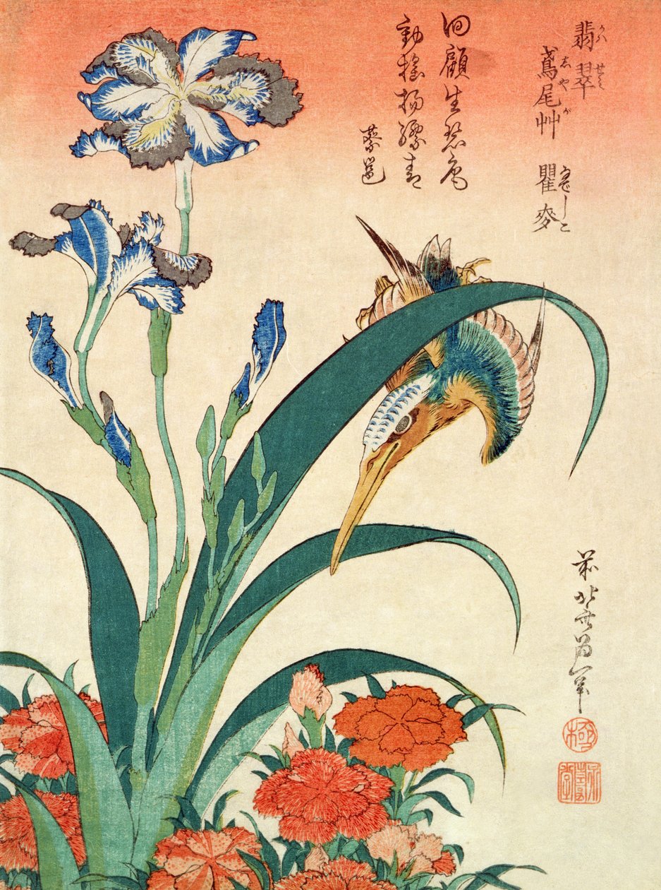 Kingfisher, Iris och Pinks, pub. av Nishimura Eijudo, ca 1832, en av en uppsättning om tio tryck, (chubanstorlek, färg träblock) av Katsushika Hokusai