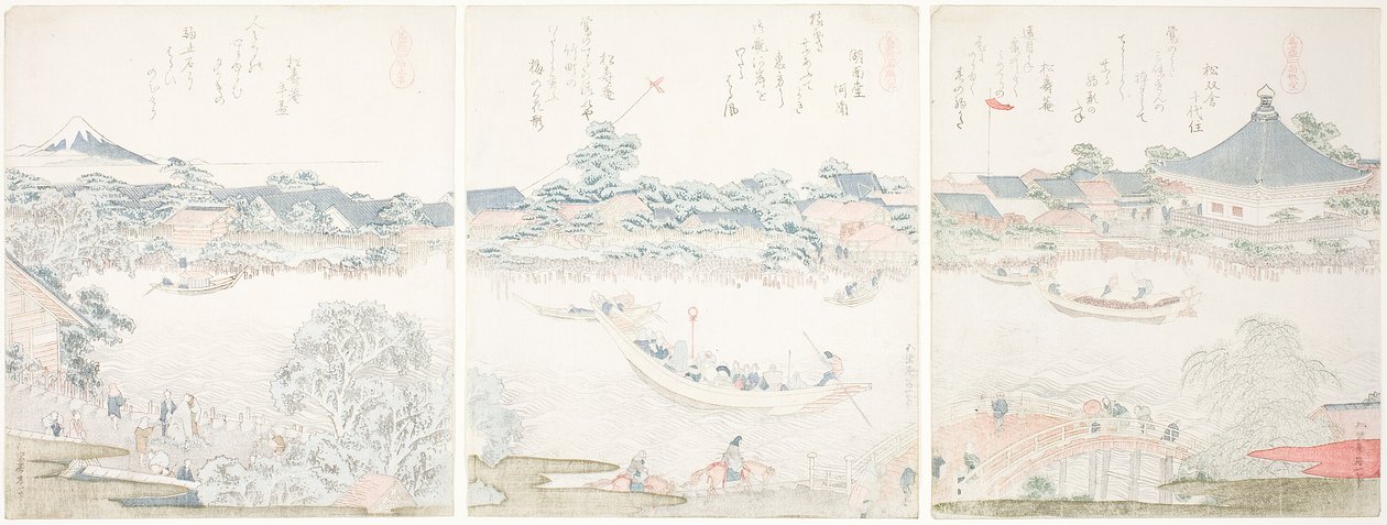 Komagata Hall och O-umaya River Bank, från serien "A Selection of Horses (Uma zukushi)" av Katsushika Hokusai