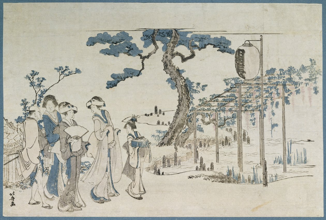 Damer som besöker Wisteria Gardens på Kameido (träblockstryck) av Katsushika Hokusai