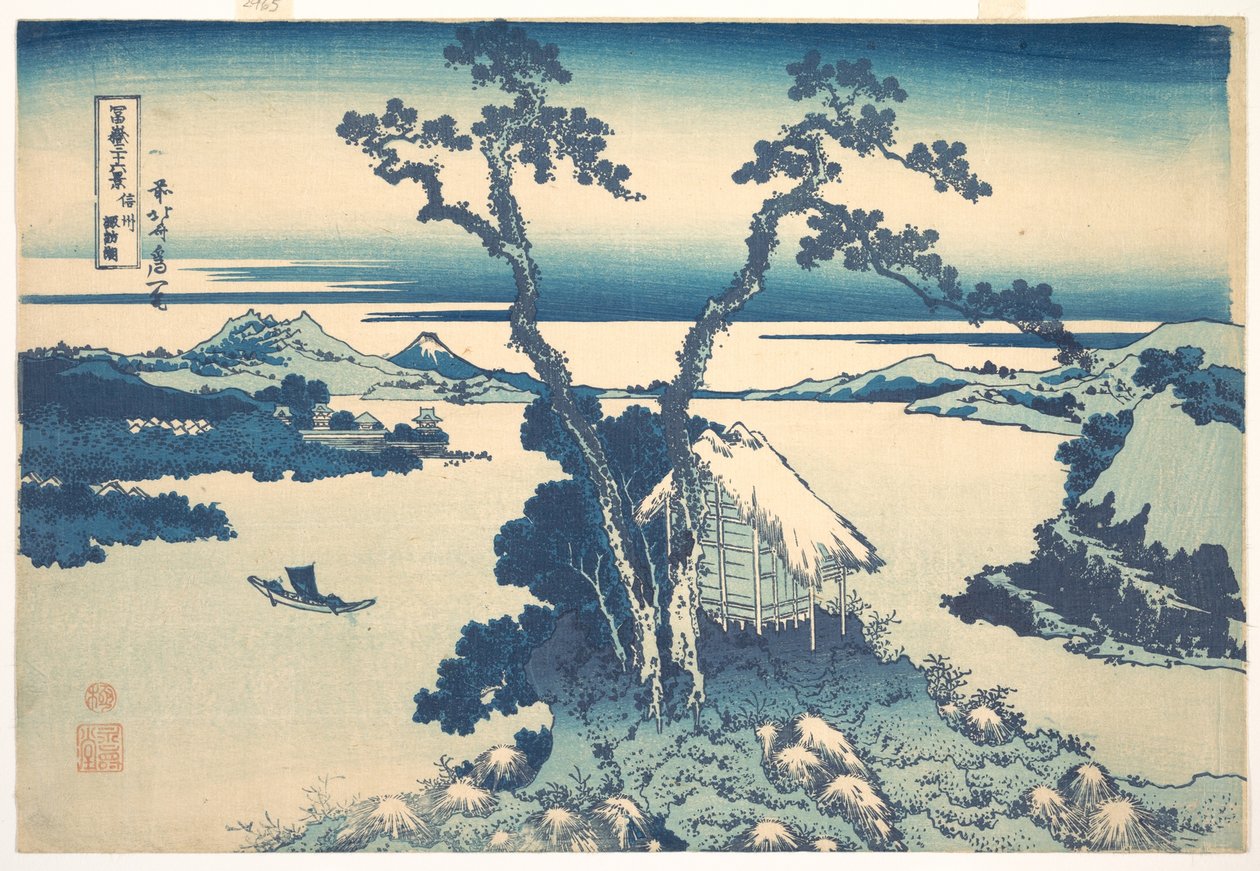 Suwa-sjön i provinsen Shinano (Shinshū Suwako), ur serien ”De trettiosex vyerna av berget Fuji” (Fugaku sanjūrokkei) av Katsushika Hokusai